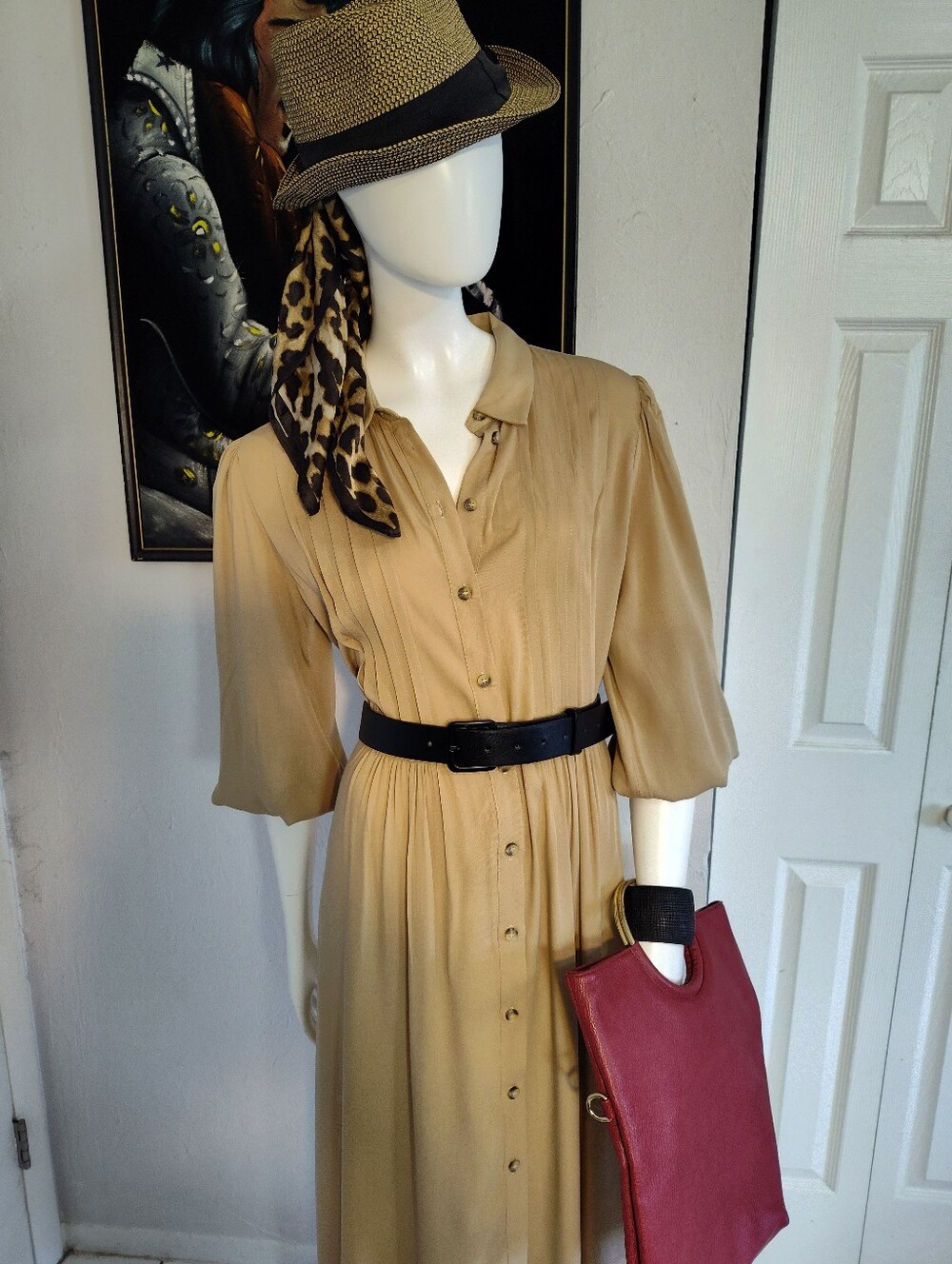 Classic Beige Long-Sleeve Tie-Waist Maxi Dress